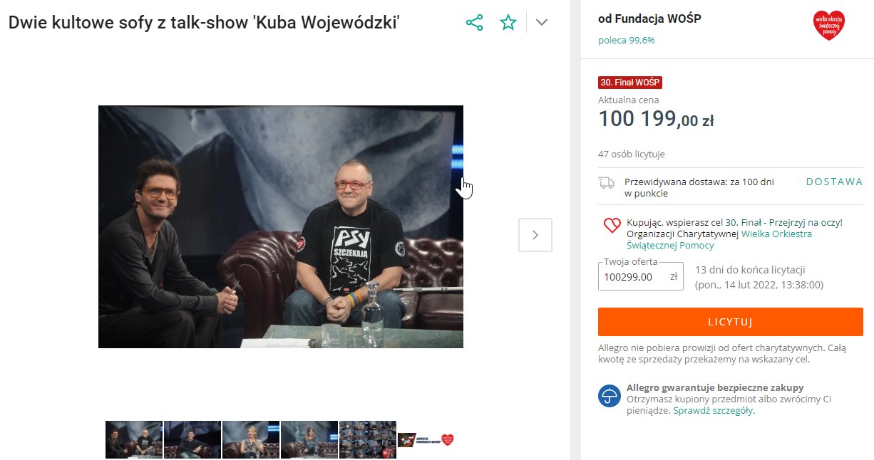 WOŚP kanapy od Kuby Wojewódzkiego /Allegro /materiał zewnętrzny