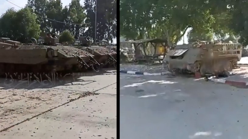 Wozy Achzarit (po lewej) i jeden transporter M113A2 (po prawej) porzucone w bazie Nahal Oz /@WarMonitors /Twitter