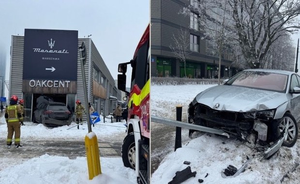 Wpadł Mercedesem do salonu z podłogami. Groźny wypadek w Warszawie 