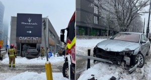 Wpadł Mercedesem do salonu z podłogami. Groźny wypadek w Warszawie 