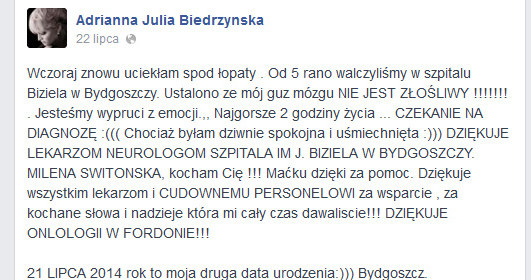 Wpis Adrianny Biedrzyńskiej na Facebooku /Facebook /materiały prasowe