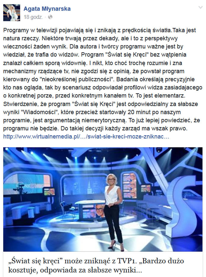 Wpis Agaty Młynarskiej na Facebooku /Facebook