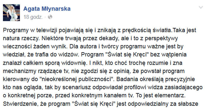 Wpis Agaty Młynarskiej na Facebooku /Facebook