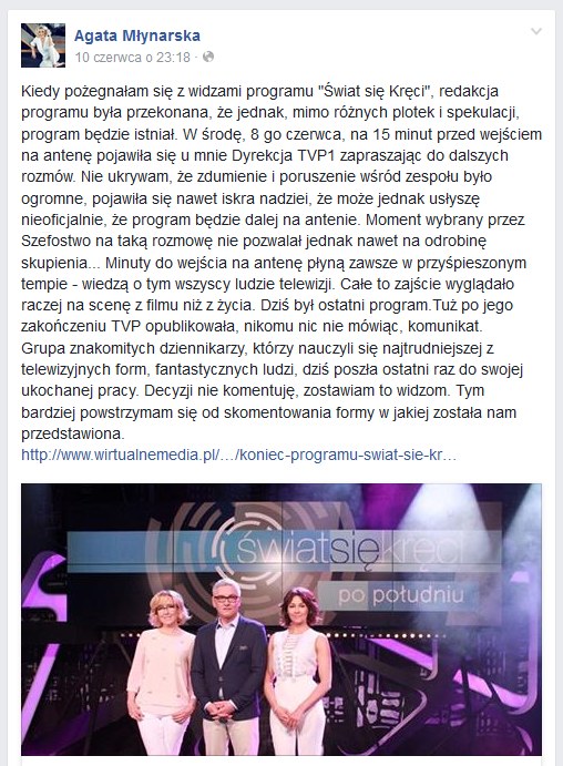 Wpis Agaty Młynarskiej /Facebook