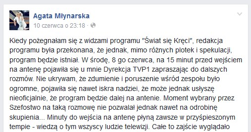 Wpis Agaty Młynarskiej /Facebook