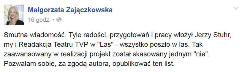 Wpis aktorki Małgorzaty Zajączkowskiej /Facebook