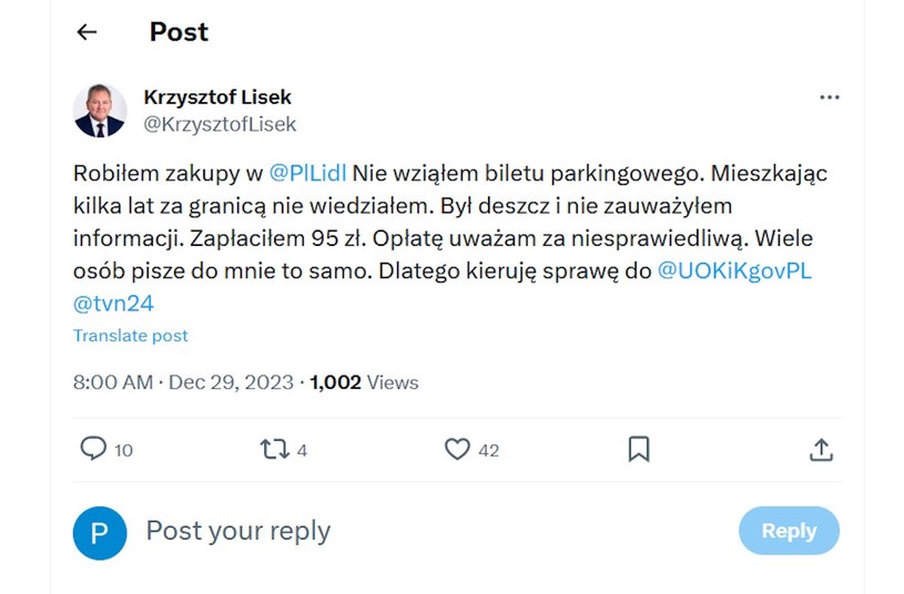 Wpis byłego parlamentarzysty Kszystofa Liska na platformie X /