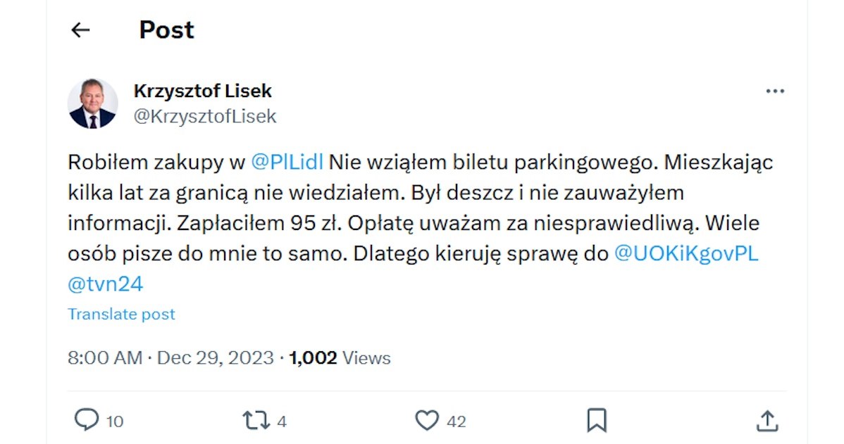 Wpis byłego parlamentarzysty Kszystofa Liska na platformie X /