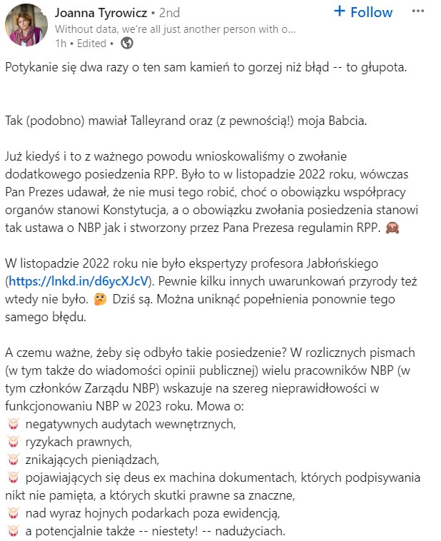 Wpis członkini RPP Joanny Tyrowicz w serwisie LinkedIn na temat potrzeby zwołania dodatkowego posiedzenia RPP /materiał zewnętrzny