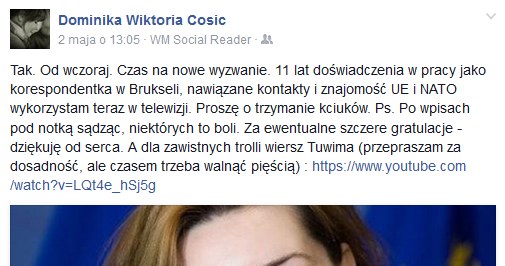 Wpis Dominiki Ćosić na jej oficjlanym profilu /Facebook