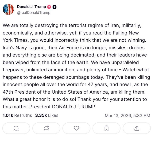 Wpis Donalda Trumpa, fot. Truth Social /