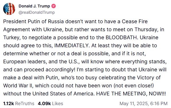 Wpis Donalda Trumpa na platformie społecznościowej Truth Social /