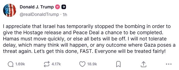 Wpis Donalda Trumpa na platformie społecznościowej Truth Social /