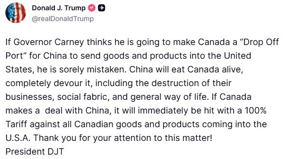 Wpis Donalda Trumpa na platformie Truth Social, w którym zagroził nałożeniem 100 proc. ceł na towary z Kanady /Truth Social