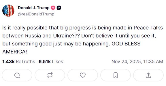 Wpis Donalda Trumpa na platformie Truth Social /Truth Social