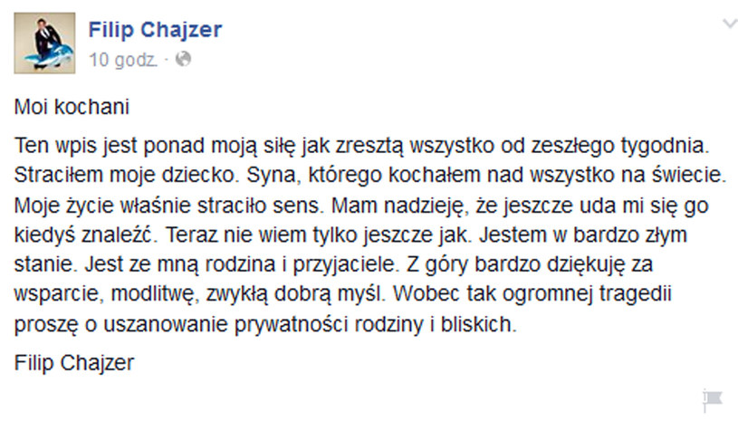 Wpis Filipa Chajzera na Facebooku /materiały prasowe