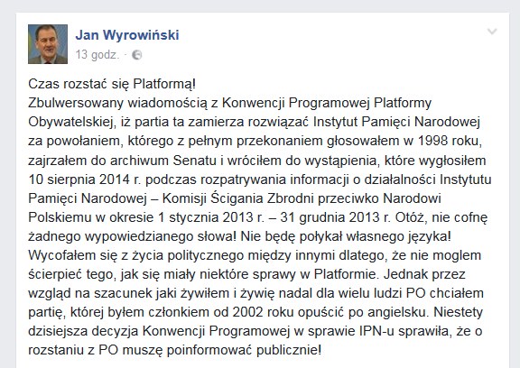 Wpis Jana Wyrowińskiego /facebook.com