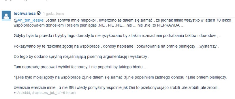 Wpis, kótry Lech Wałęsa zamieścił na swoim mikroblogu /Wykop.pl /