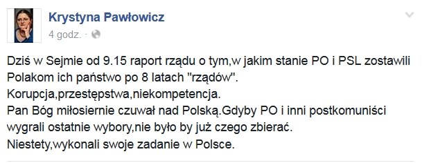 Wpis Krystyny Pawłowicz na Facebooku /