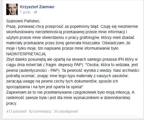 Wpis Krzysztofa Ziemca /fot. Facebook /