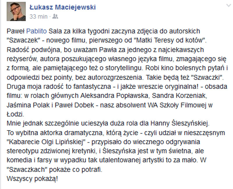 Wpis Łukasza Maciejewskiego na Facebooku anonsujący nowy film Pawła Sali /materiały prasowe