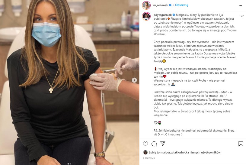 Wpis Małgorzaty Rozenek-Majdan o przyjęciu 3 dawki szczepionki na koronawirusa https://www.instagram.com/m_rozenek/
