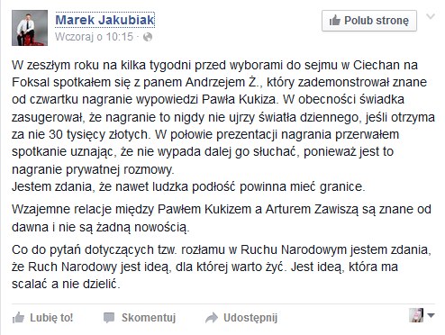 Wpis Marka Jakubiaka /facebook.com