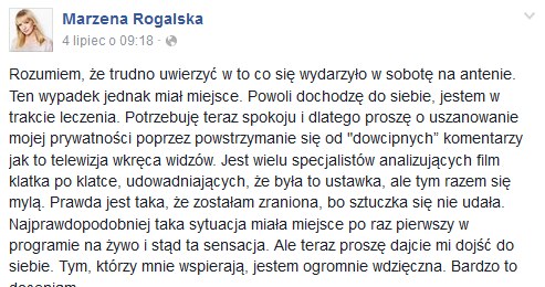 Wpis Marzeny Rogalskiej /Facebook