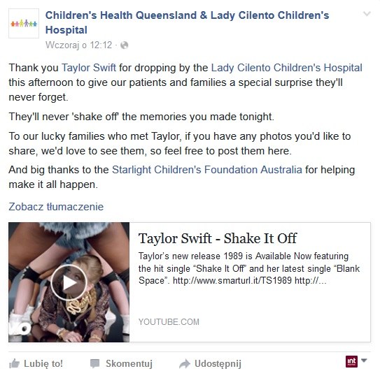 Wpis na Facebooku australijskiego szpitala /