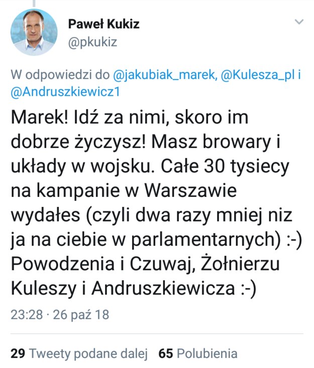 Wpis na oficjalnym profilu Pawła Kukiza /Twitter /Zrzut ekranu