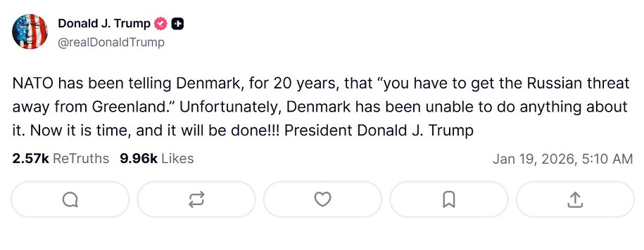Wpis prezydenta USA Donalda Trumpa ws. Danii i Grenlandii na platformie Truth Social /Truth Social