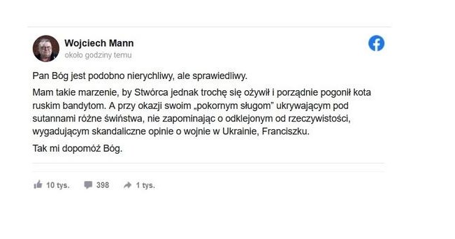 Wpis Wojciecha Manna /Wojciech Mann /Facebook