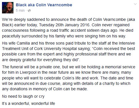 Wpis z facebookowego profilu Blacka informujący o śmierci wokalisty /Facebook /