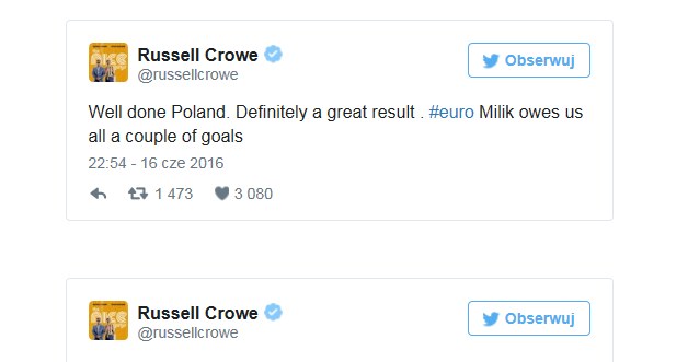 Wpisy Russella Crowe'a po meczy Polska-Niemcy /Twitter