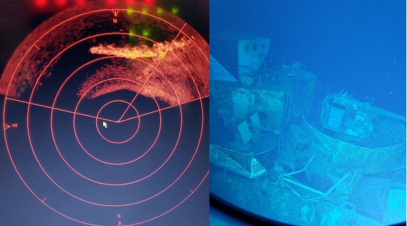 Wrak Sammy B. na ekranie radaru i na filmie wykonanym z pokładu łodzi podwodnej /zdjęcia: Caladan Oceanic i EYOS /domena publiczna