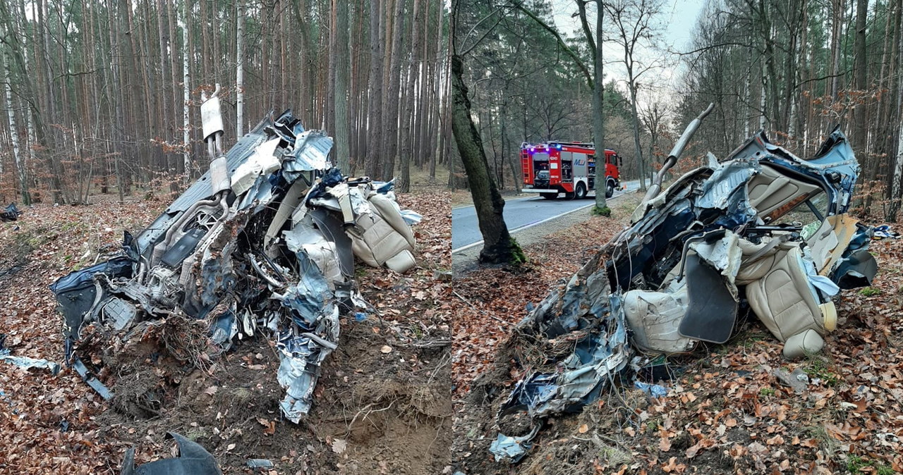 Wrak samochodu na dwóch zdjęciach  / Fot: Straż Pożarna w Świebodzinie /