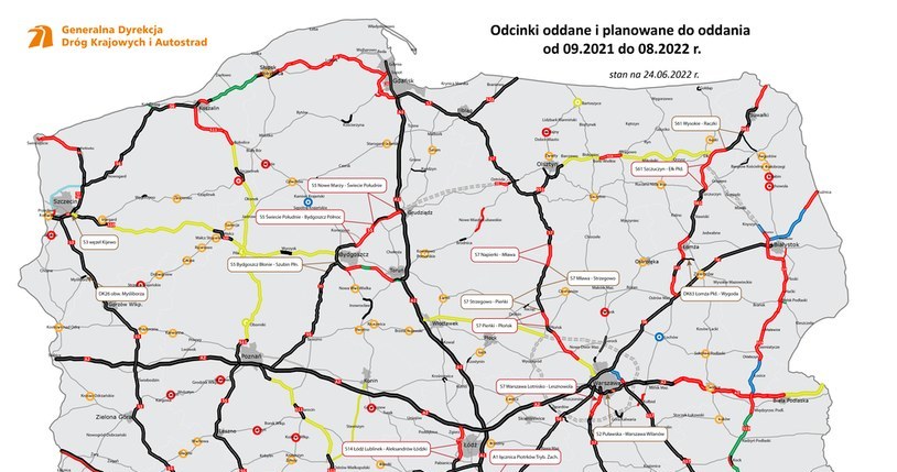 Wraz z rozpoczęciem wakacji, GDDKiA udostępniła mapę, na której możemy znaleźć odcinki oddane i planowane do oddania od września 2021 do sierpnia 2022roku /GDDKiA