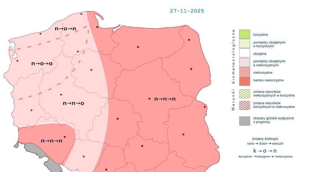 Wschodnia połowa kraju znajdzie się pod wpływem niżu i tam warunki będą niekorzystne. Na zachodzie z czasem poprawią się do obojętnych /IMGW /