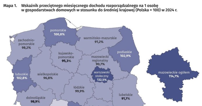 Wskaźnik przeciętnego miesięcznego dochodu rozporządzalnego na jedną osobę w gospodarstwach domowych w stosunku do średniej krajowej /GUS /