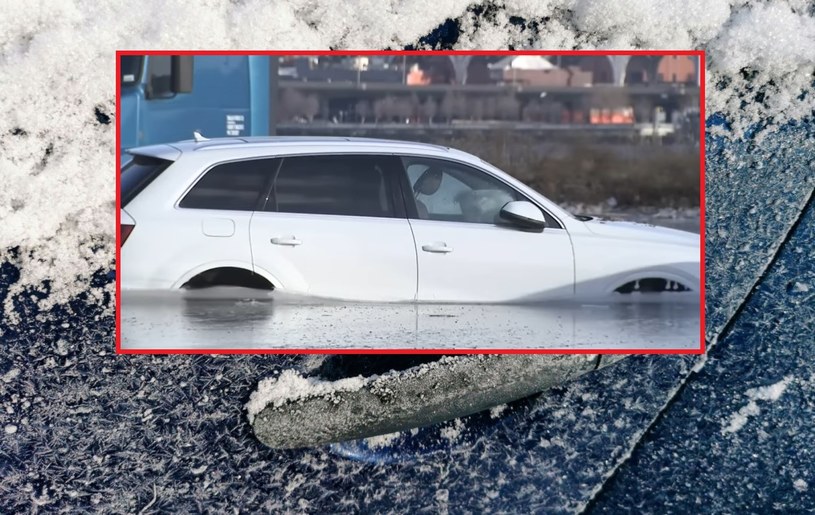 Wskutek powodzi i mrozu samochody utknęły w lodowym więzieniu. /Andrzej Zbraniecki/East News/ CBS New York/ You Tube/ zrzut ekranu /