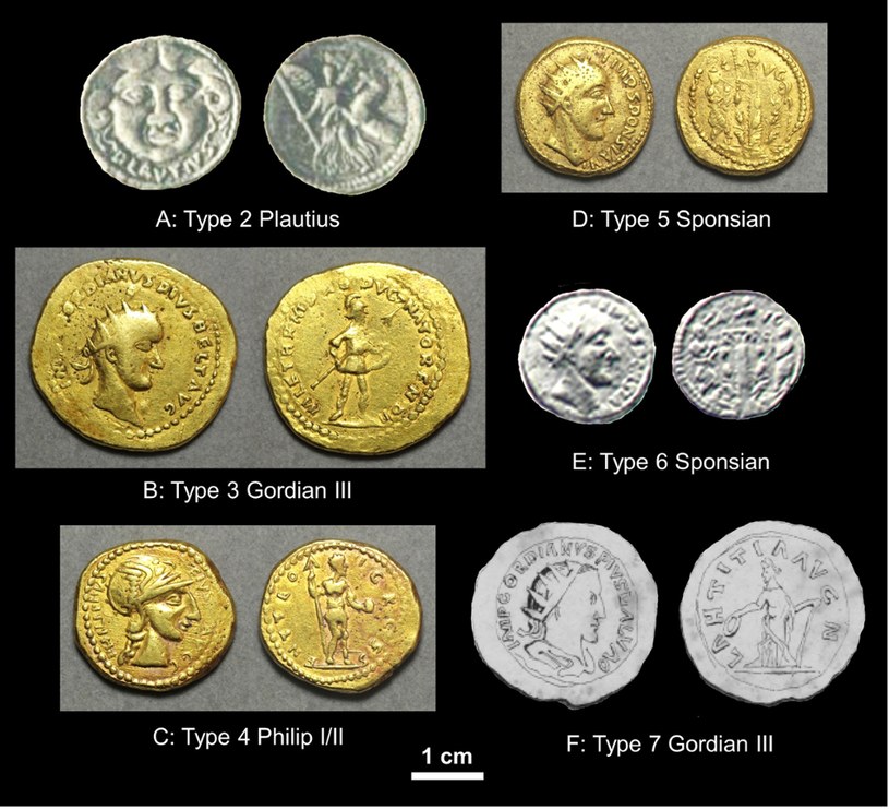 Wszystkie monety jakie porównywano w badaniach /© Pearson PN, Botticelli M, Ericsson J, Olender J, Spruženiece L (2022) Authenticating coins of the ‘Roman emperor’ Sponsian. PLoS ONE 17(11)