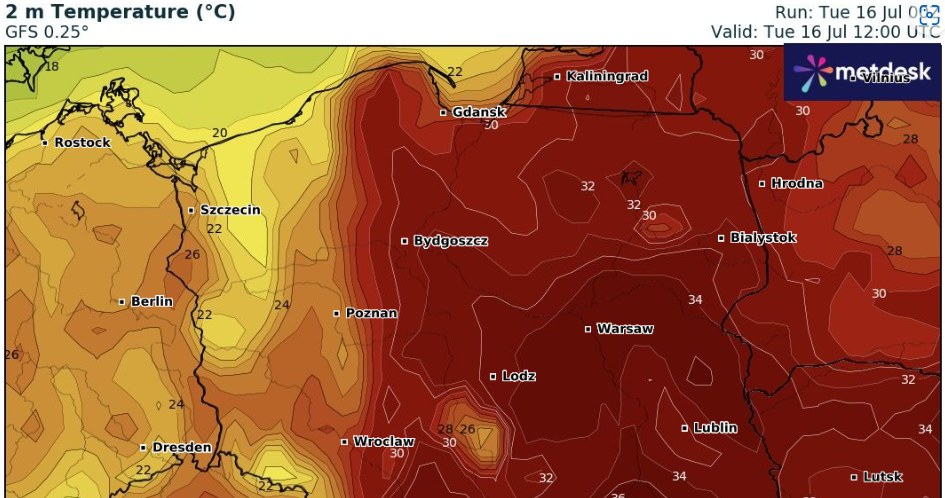 Wtorek będzie bardzo upalny, zwłaszcza w centrum i na wschodzie. Miejscami będzie do 35 st. C /wxcharts /