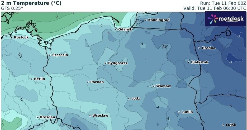 Wtorek będzie chłodnym dniem, a na północnym wschodzie nie będzie cieplej niż -5 stopni Celsjusza - prognozuje IMGW /wxcharts /