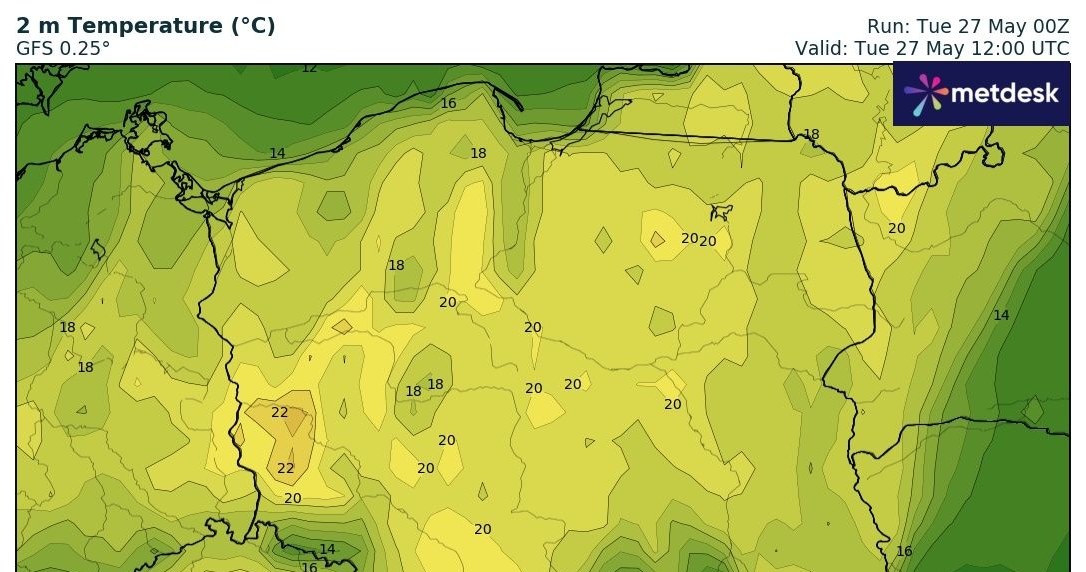 Wtorek będzie ciepły w praktycznie całym kraju. Na zachodzie temperatury wyraźnie przekroczą próg 20 stopni Celsjusza /wxcharts /