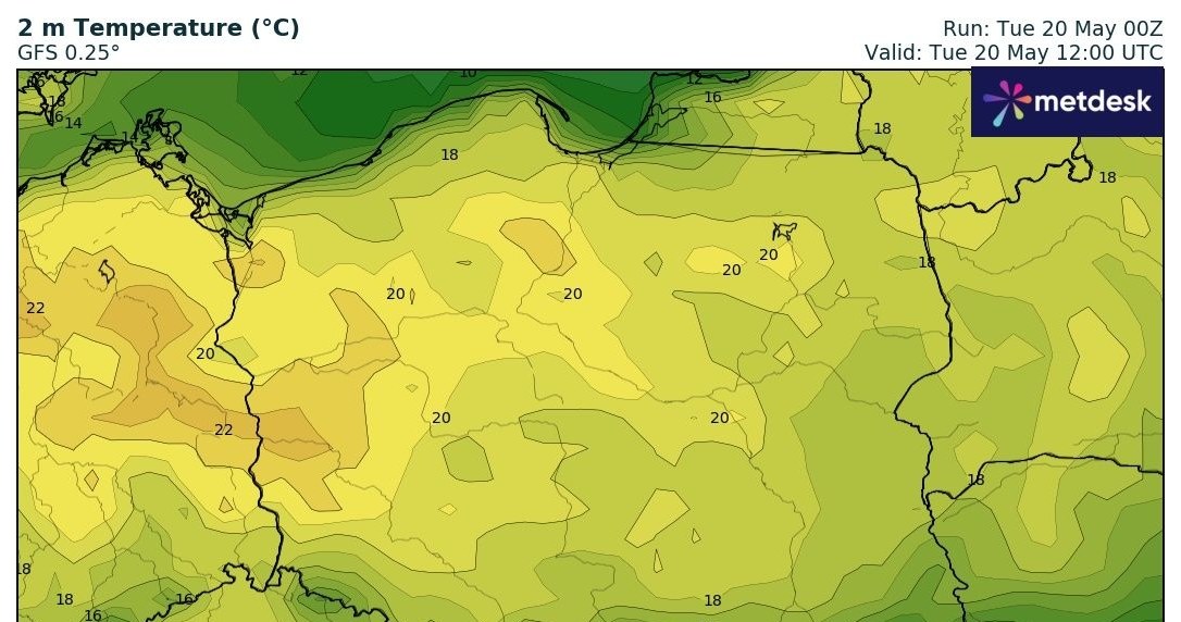 Wtorek będzie wyraźnie cieplejszy od poprzednich dni. Miejscami na zachodzie będzie do 23 stopni Celsjusza /wxcharts /