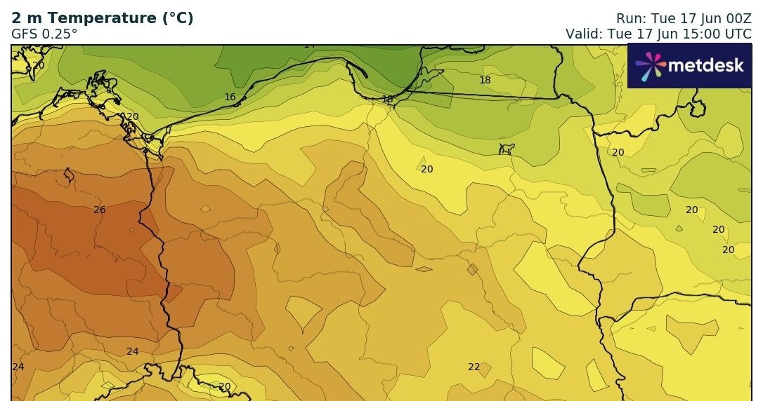 Wtorek najcieplejszy będzie na zachodzie - tam termometry mogą pokazać do 25 stopni Celsjusza /wxcharts /