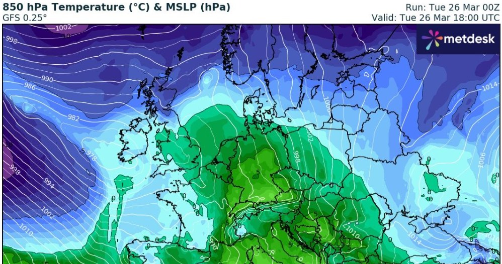 Wtorek w Polsce będzie ciepły i słoneczny, z temperaturami sięgającymi 15 st. C. W górach powieje jednak silny wiatr /wxcharts /