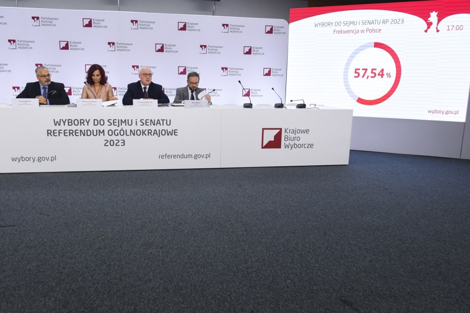 Wybory parlamentarne 2023. Członkowie PKW Maciej Miłosz (P) i Ryszard Balicki (L), szefowa KBW Magdalena Pietrzak (2L) oraz przewodniczący PKW Sylwester Marciniak (2P) na konferencji prasowej Państwowej Komisji Wyborczej w Warszawie /Piotr Nowak /PAP