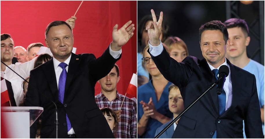 Wybory prezydenckie 2020. Andrzej Duda podczas wieczoru wyborczego w Pułtusku (fot. Leszek Szymański) i Rafał Trzaskowski podczas wieczoru wyborczego w Warszawie (fot. Radek Pietruszka) /PAP /