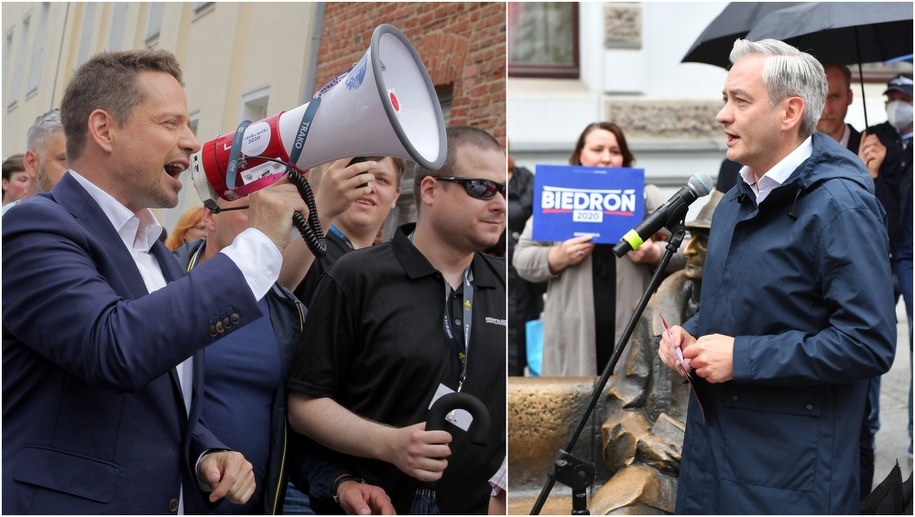 Wybory prezydenckie 2020. Kandydaci na prezydenta: Rafał Trzaskowski podczas spotkania z mieszkańcami Olsztyna (fot. Tomasz Waszczuk) i Robert Biedroń podczas wiecu wyborczego w Łodzi (fot. Grzegorz Michałowski) /PAP /